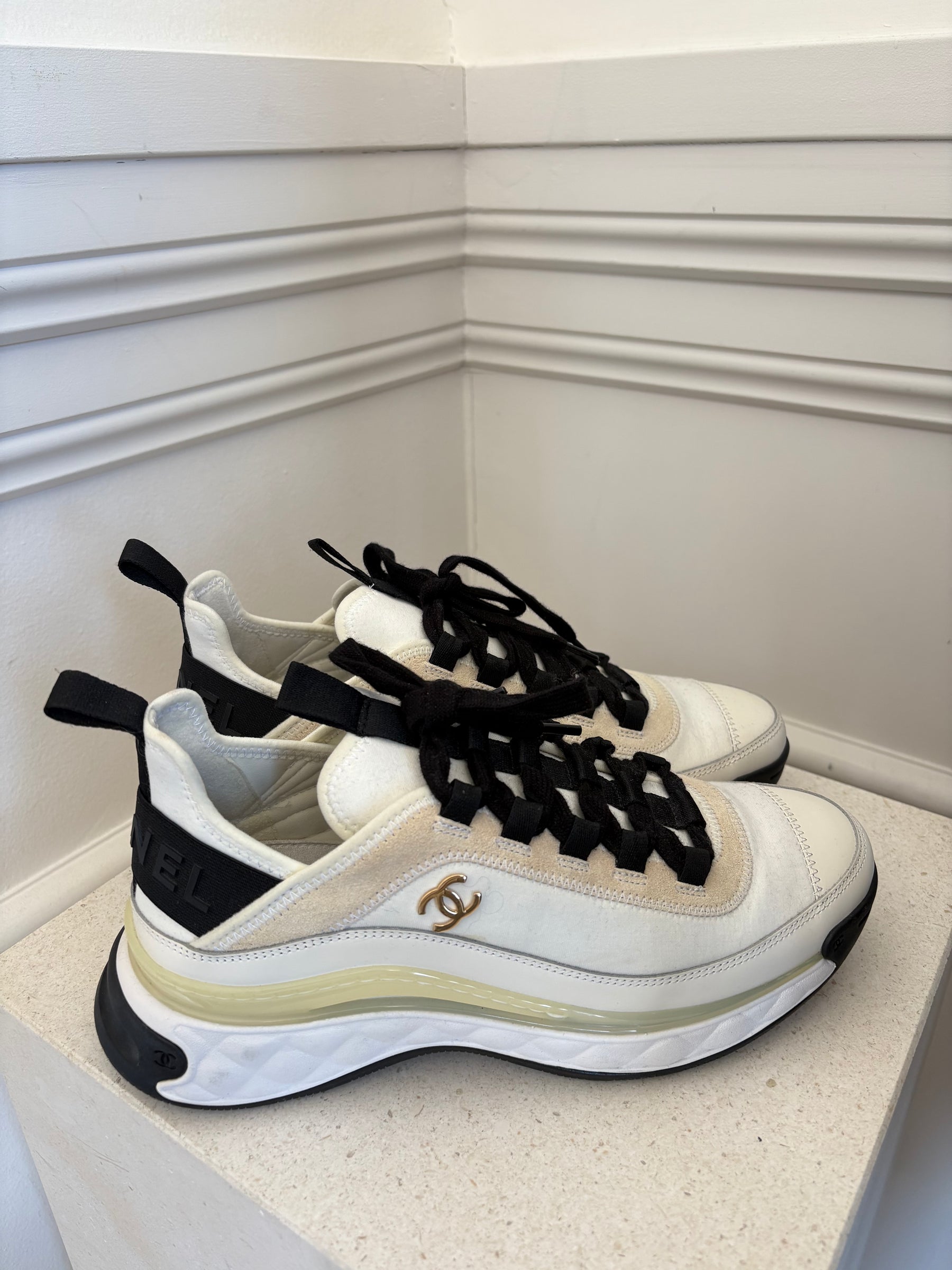 Chanel White and Cream Trainers with Black Laces, 38