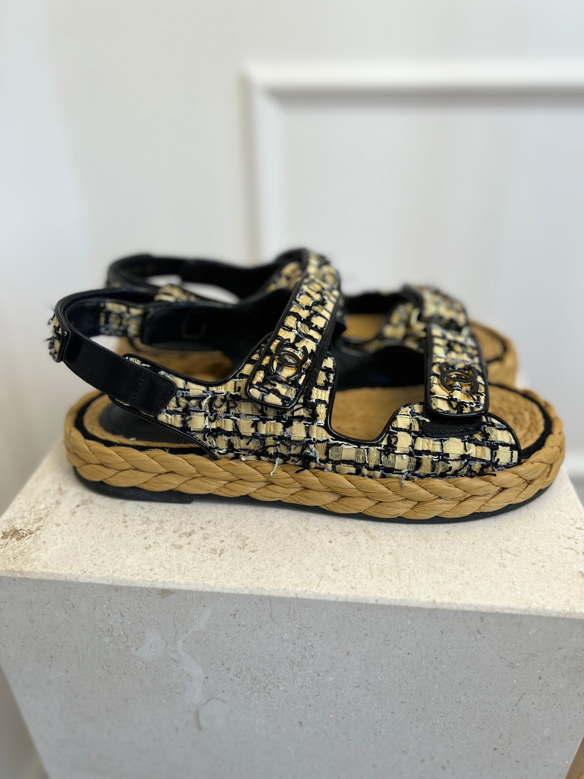 Chanel Black and Beige Tweed Espadrille Dad Sandal, 40