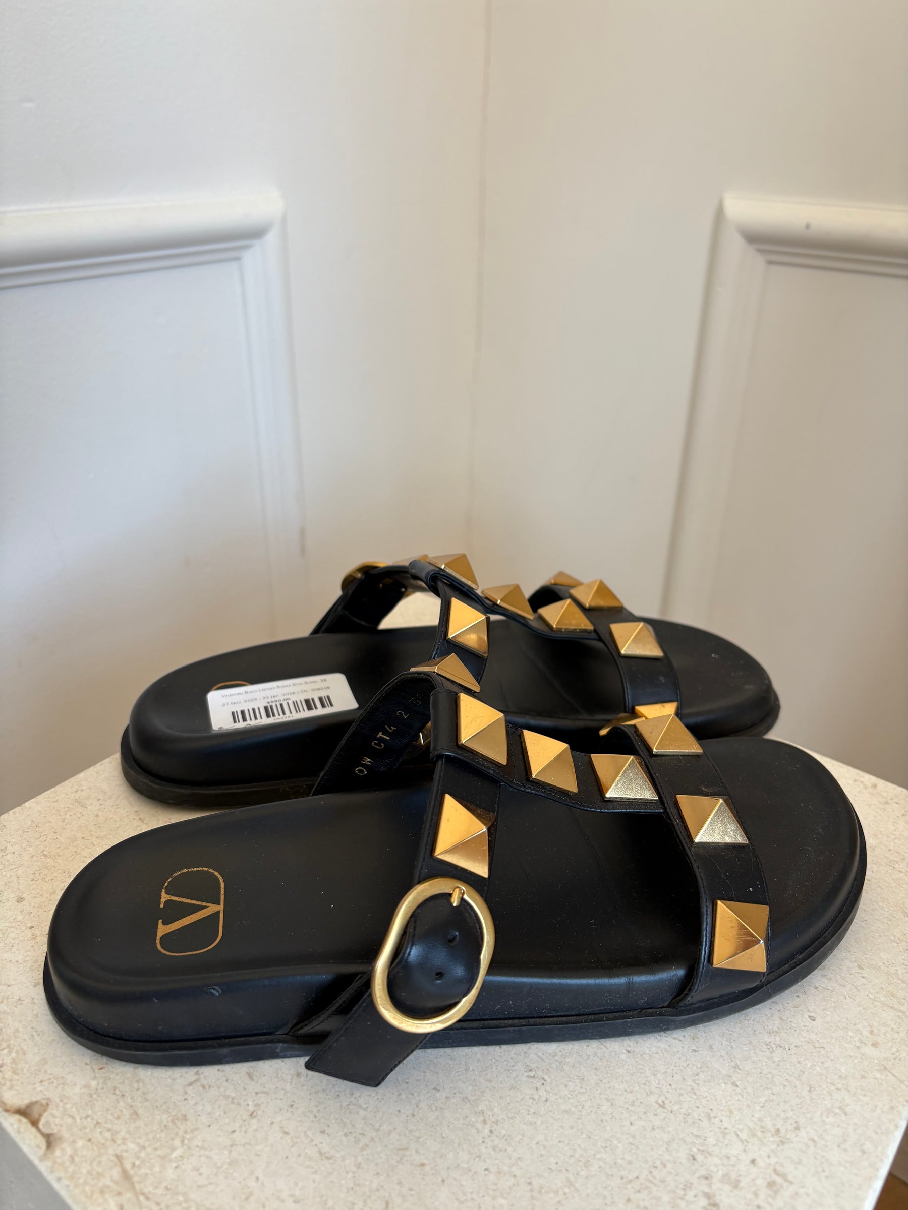 Valentino Black Leather Roman Stud Slides, 39