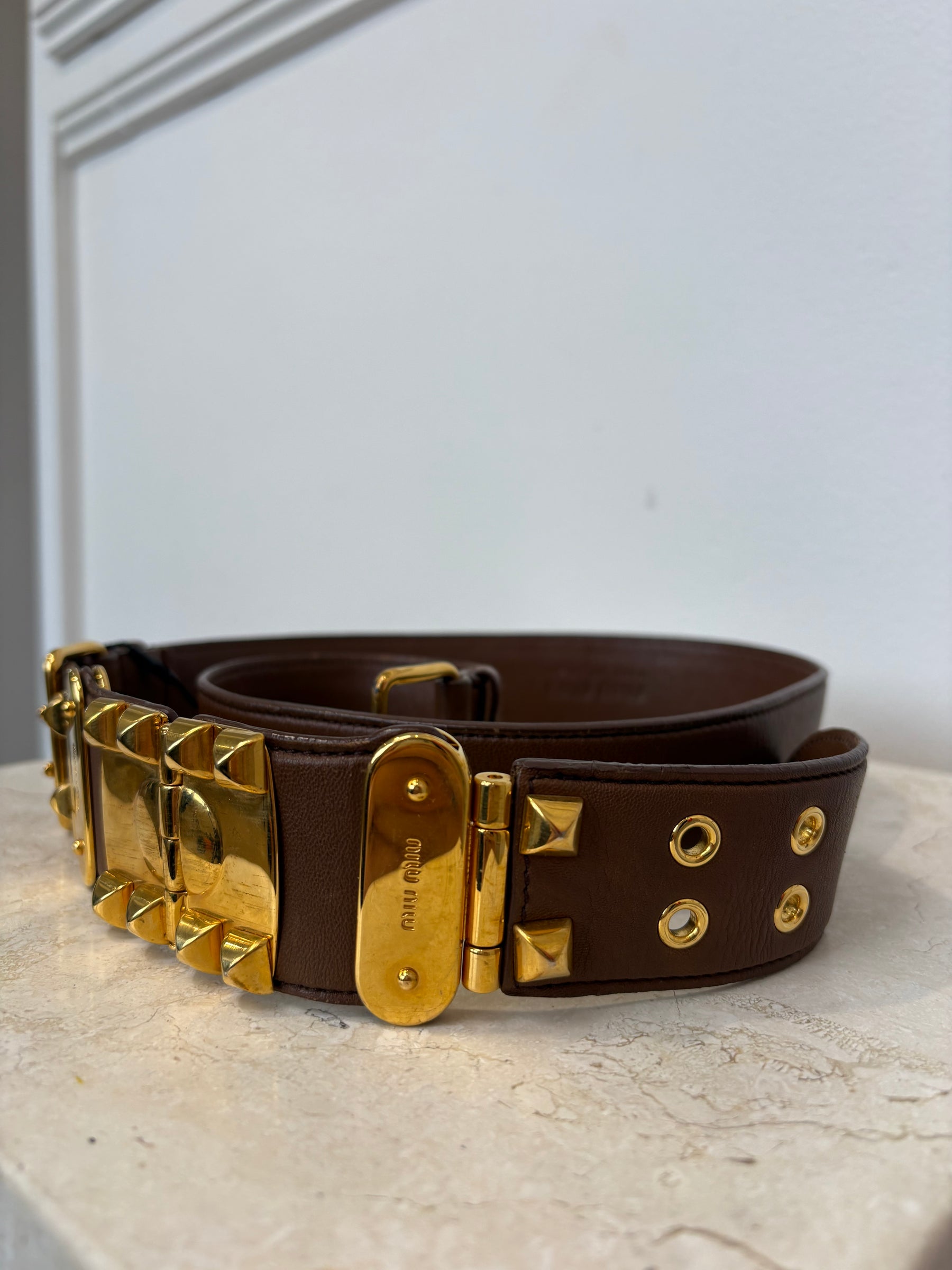 Miu Miu Brown Leather Wide Belt Gold Tone Hardware, 90/36