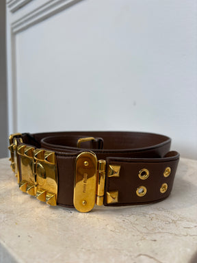 Miu Miu Brown Leather Wide Belt Gold Tone Hardware, 90/36