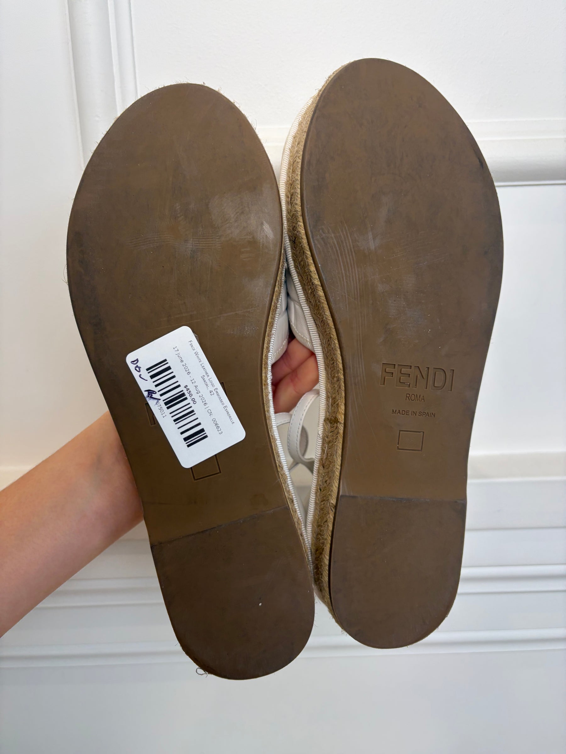 Fendi White Leather Logo Embossed Espadrille Sandal, 42