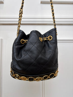 Chanel Black Lambskin Leather Charm Bucket Bag