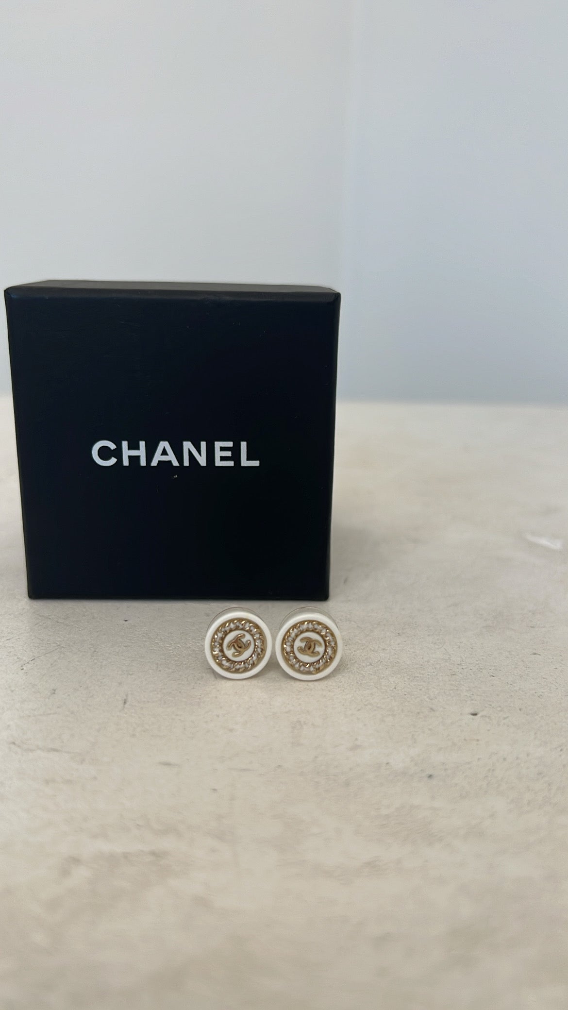 Chanel White And Gold Tone Stud Costume Earrings