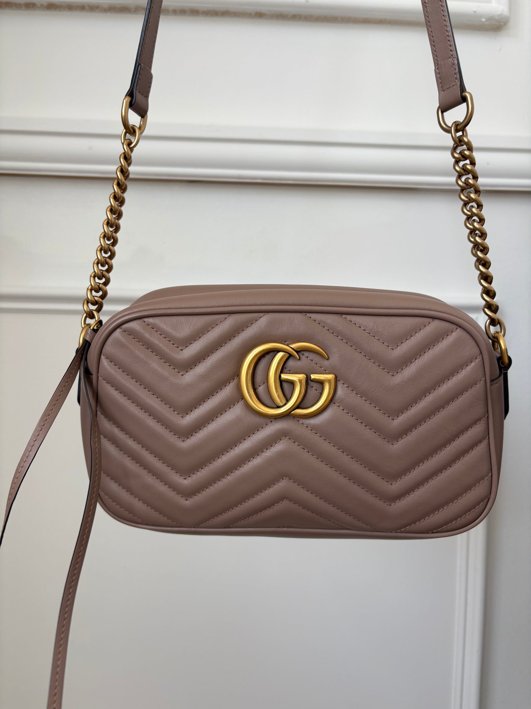 Gucci Dark Beige Chevron Quilted Marmont Camera Bag