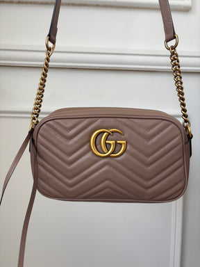 Gucci Dark Beige Chevron Quilted Marmont Camera Bag