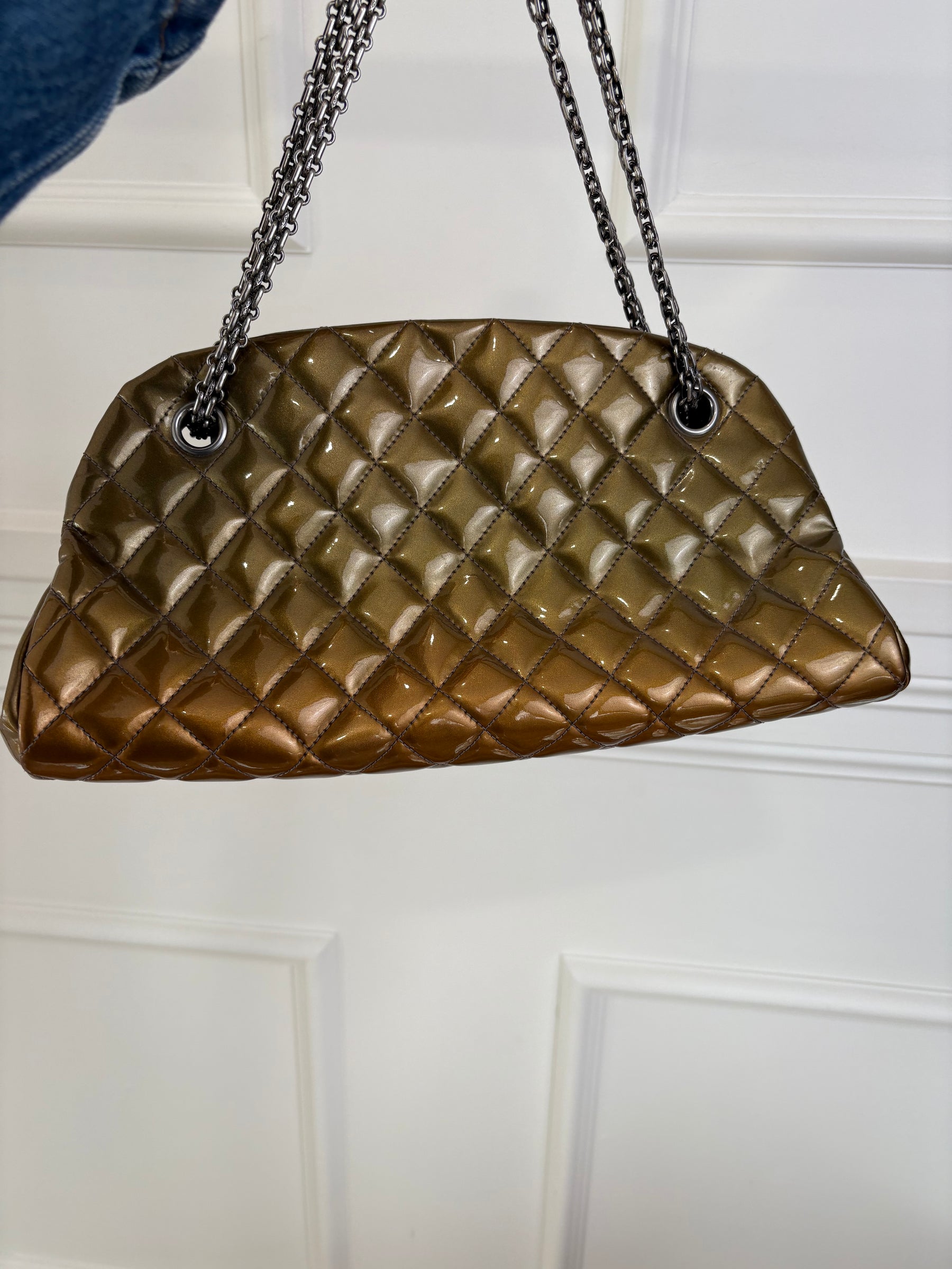 Chanel Khaki Bronze Patent Mademoiselle Bowling Bag