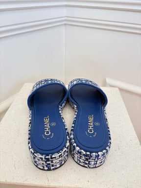 Chanel Blue and White Tweed Heeled Slides, 39.5
