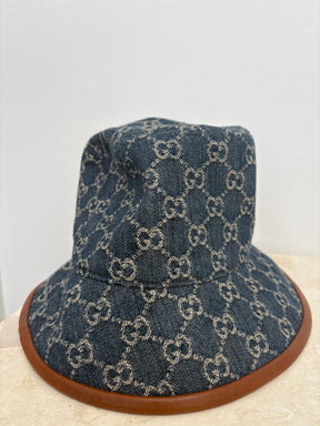 Gucci Indigo Monogram Denim Bucket Hat with Tan Leather Trim, 58