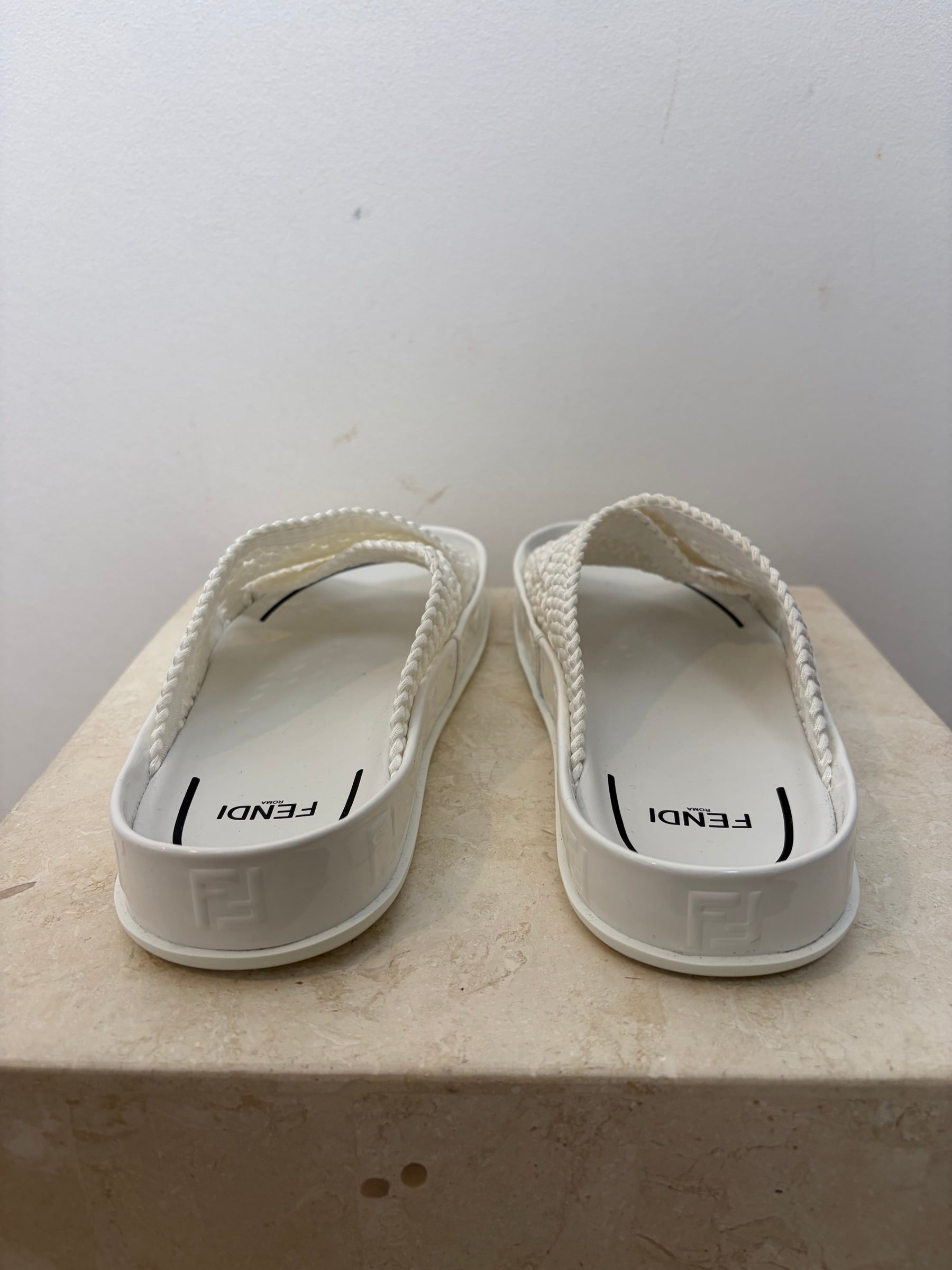 Fendi White Crochet Cross Over Flat Sandals, 37.5