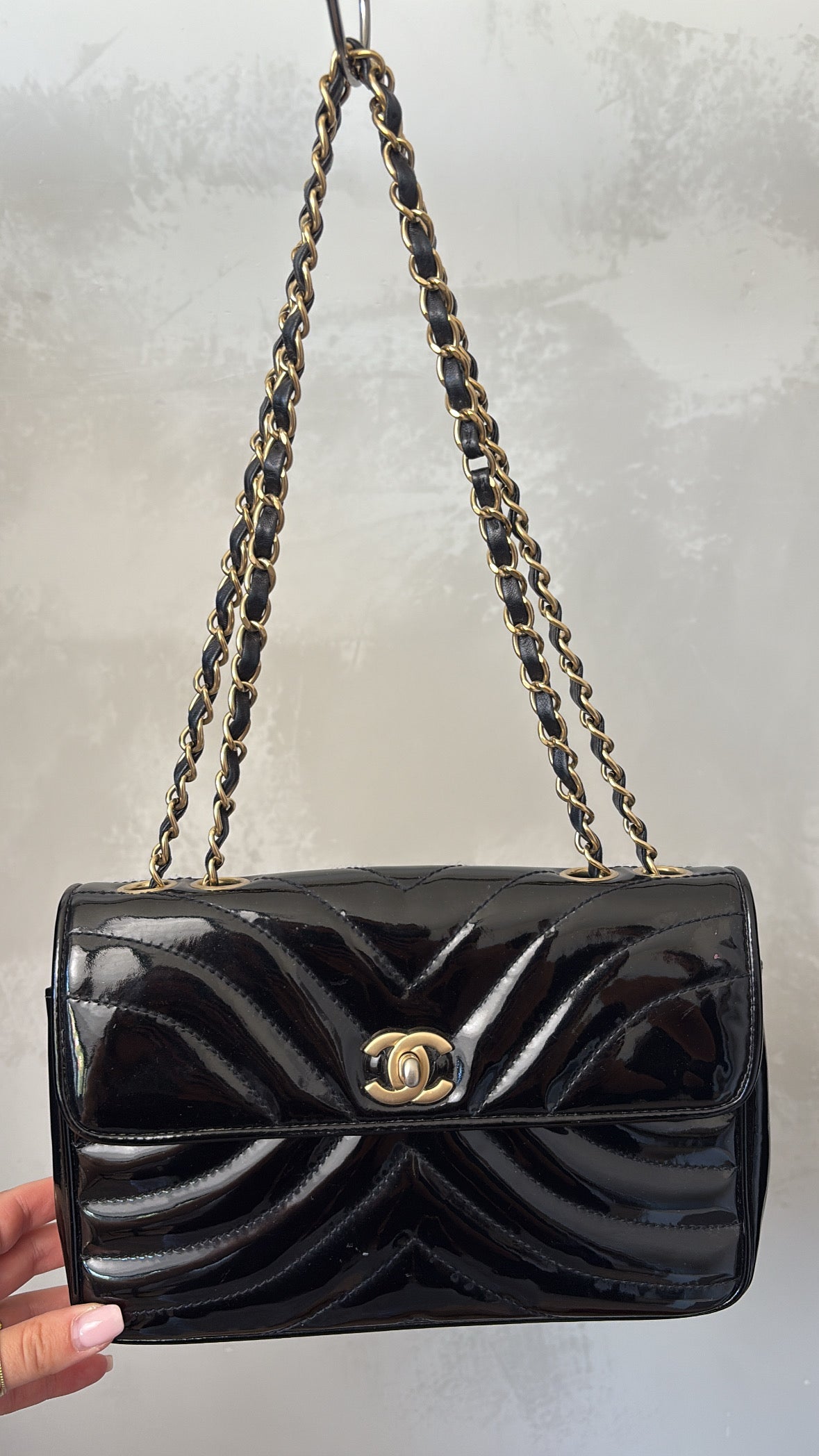 Chanel Black Patent Quilted Leather Flap bag
