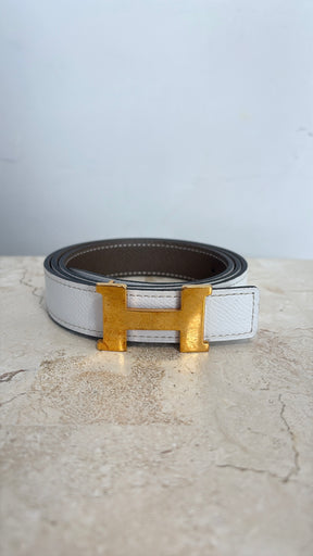 Hermès Mini Constance Blanc and Etoupe Reversible Gold H Belt 24mm, 85