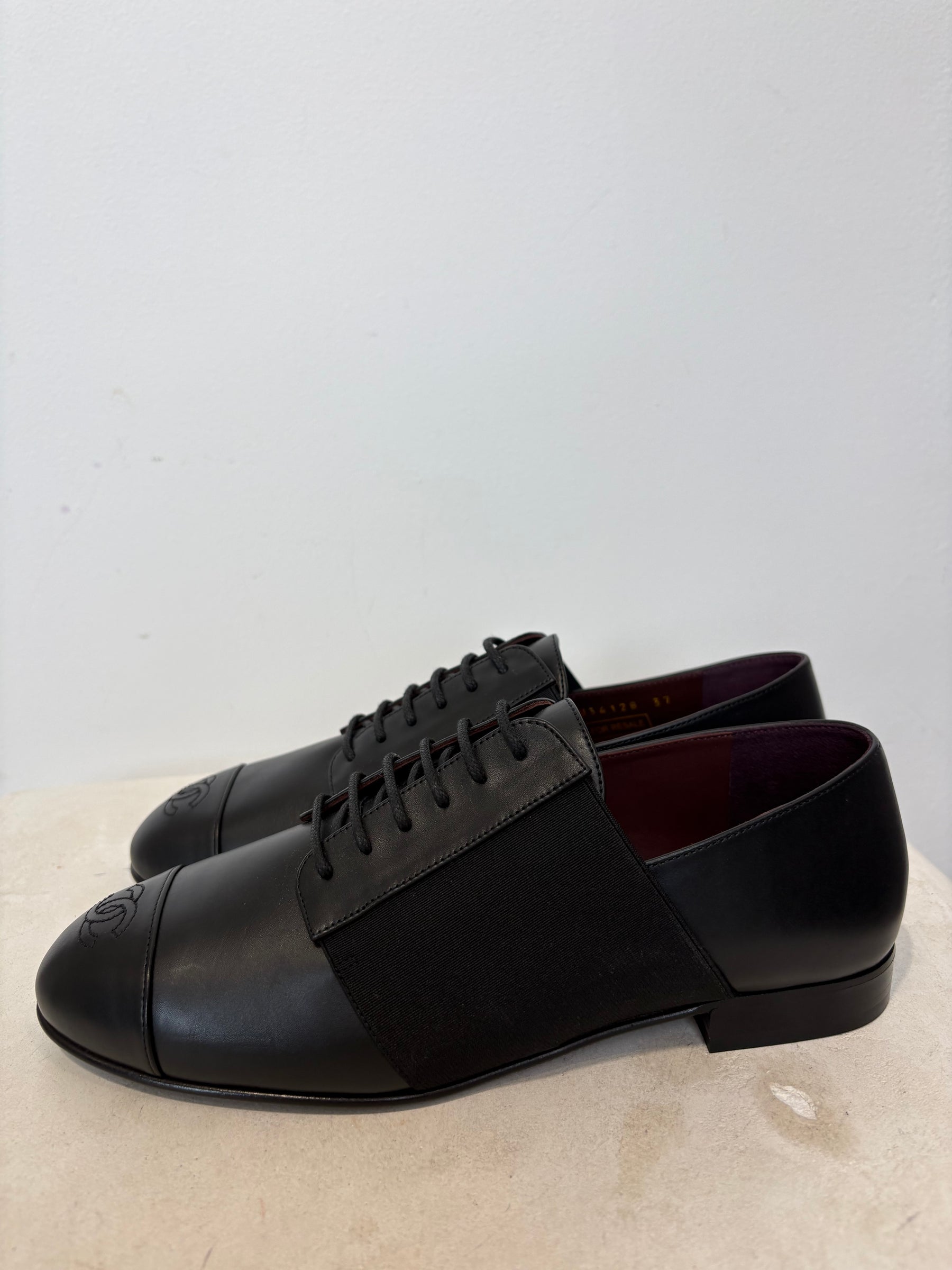 Chanel Black Leather Laced Slip on Flats, 37 C