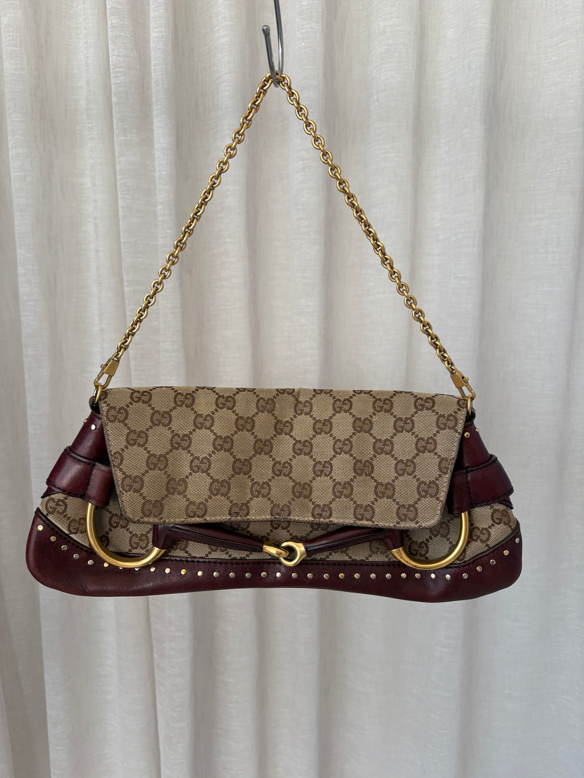 Gucci Burgundy Leather and Canvas Monogram Horsebit Clutch
