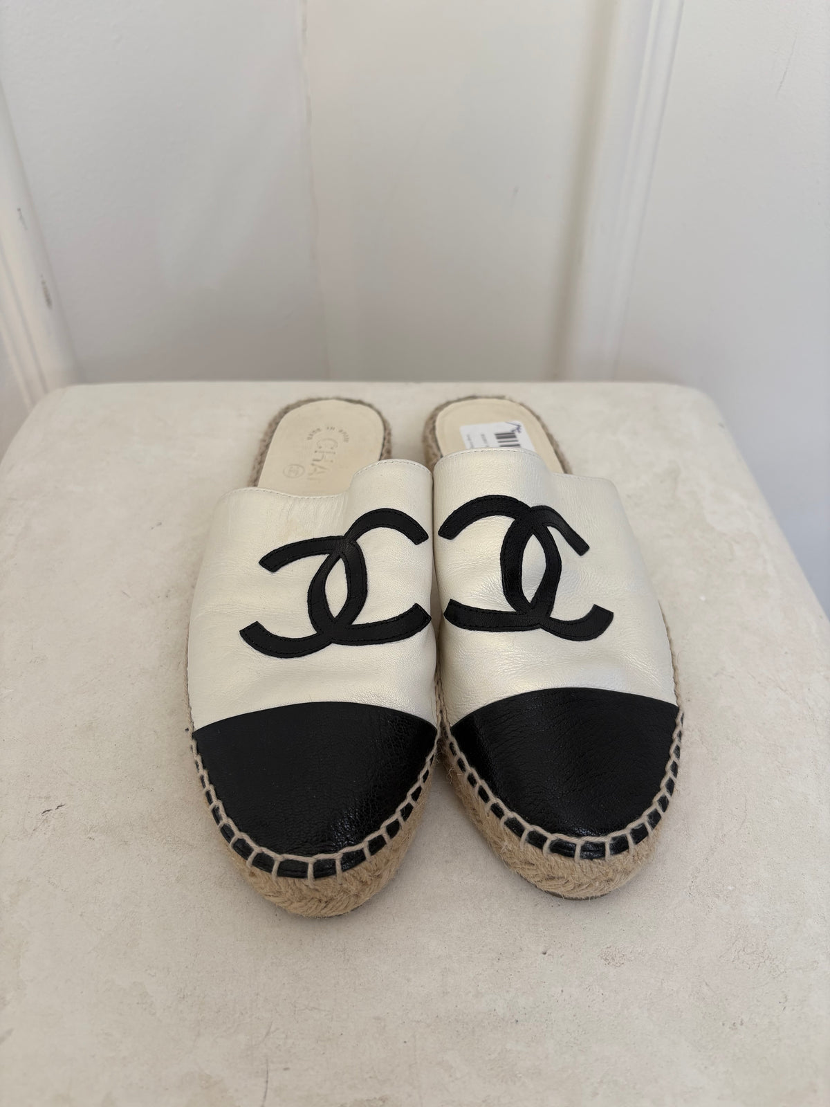 Chanel Logo Leather Espadrille Slide Black White, 38