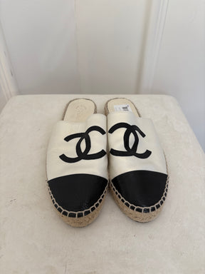 Chanel Logo Leather Espadrille Slide Black White, 38