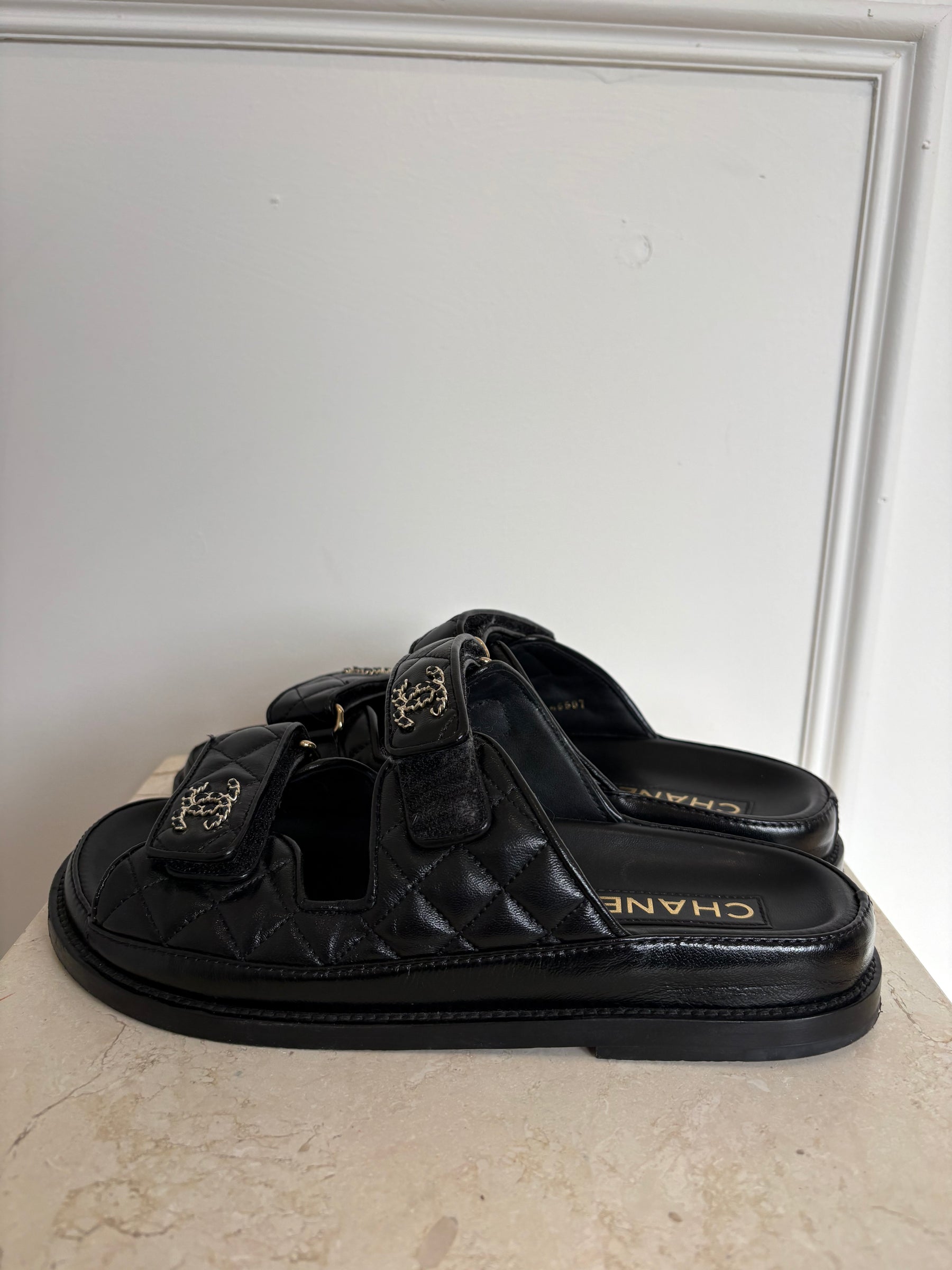 Chanel Black Quilted Leather Dad Sandal Slides, 38C