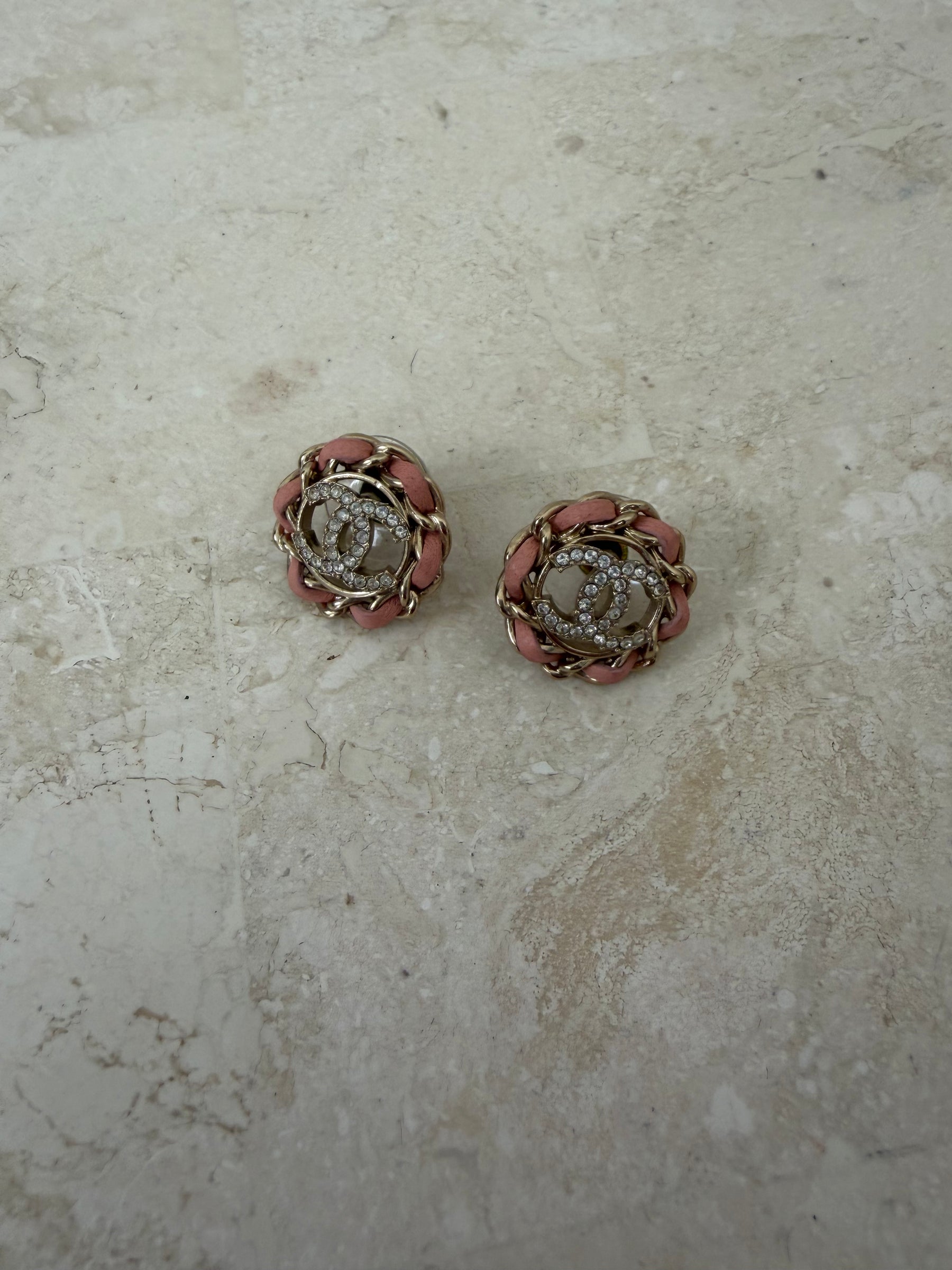 Chanel Gold Tone and Crystal Pink Woven Logo Stud Earrings