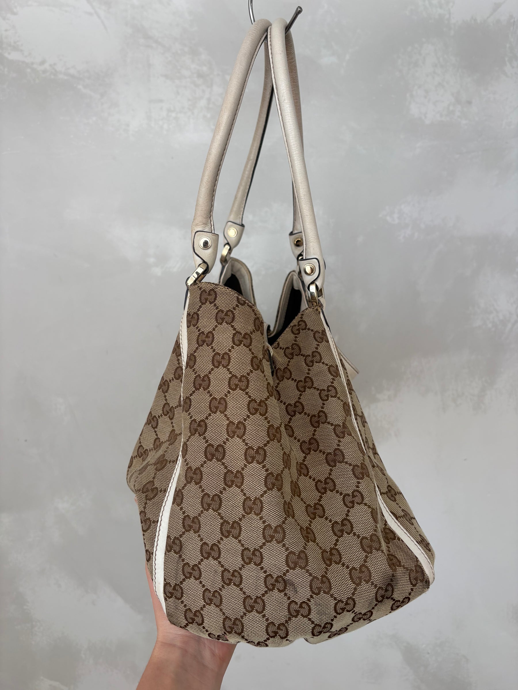 Gucci Canvas Monogram and White Leather Abbey D Ring Hobo Bag