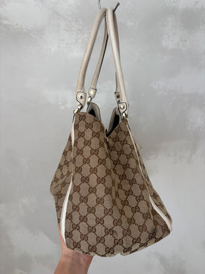 Gucci Canvas Monogram and White Leather Abbey D Ring Hobo Bag