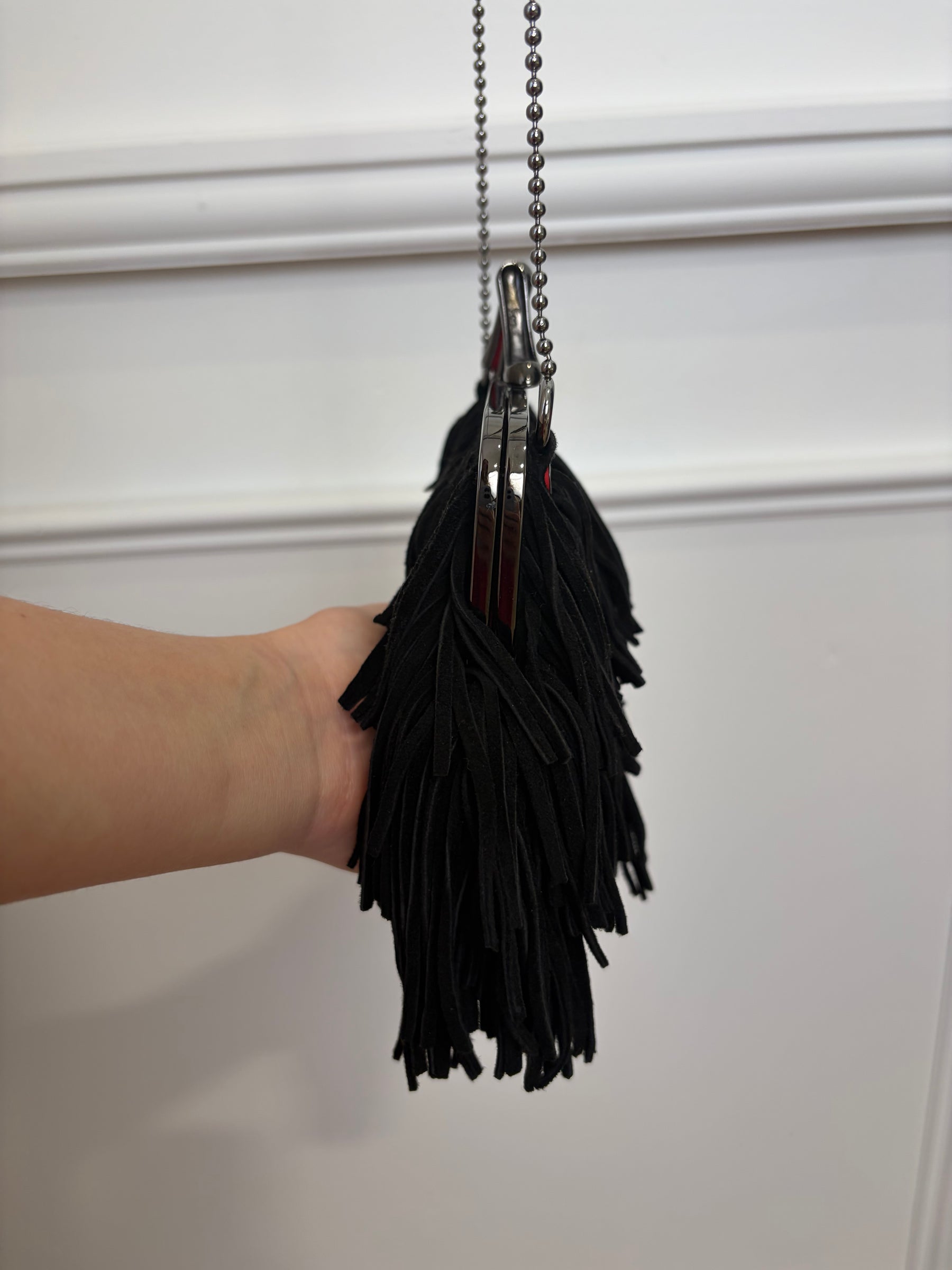 Christian Louboutin Black Suede Fringed Mini Crossbody Kisslock Pouch