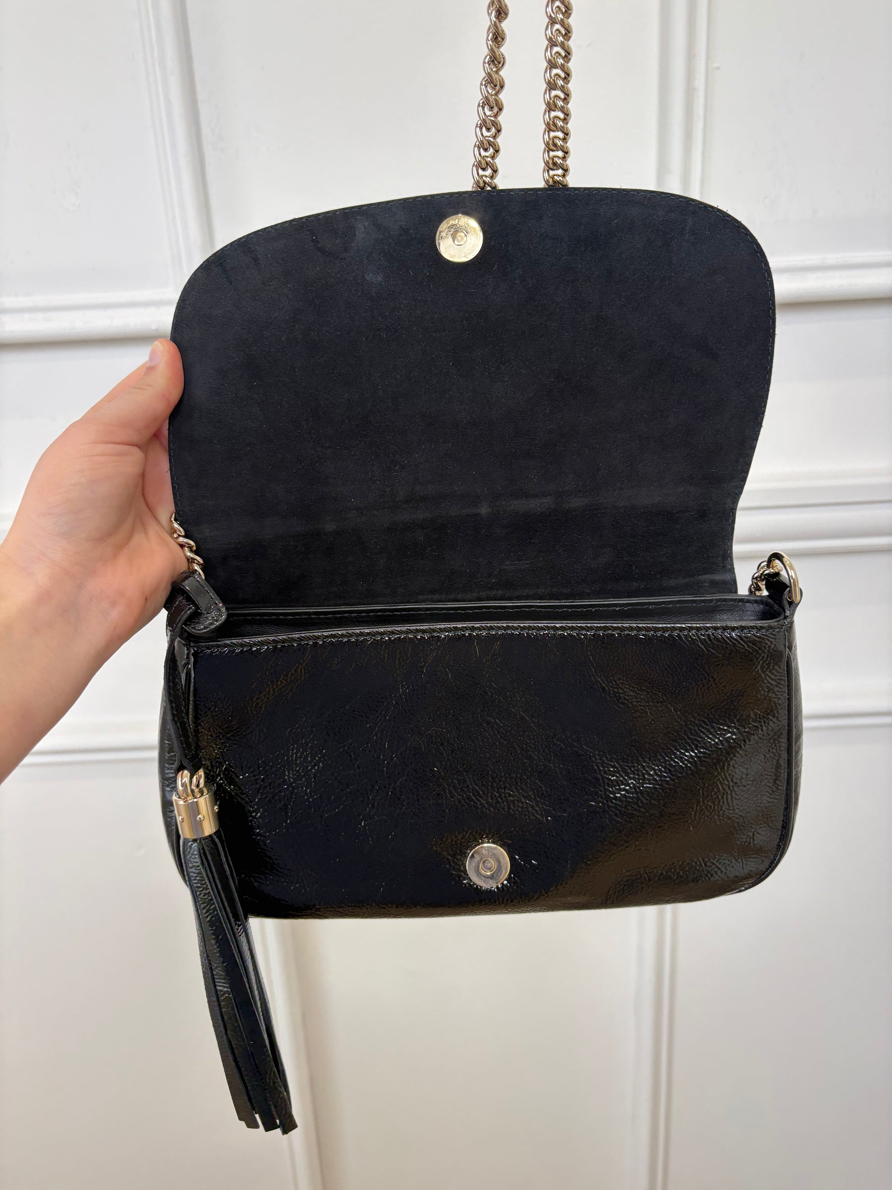 Gucci Black Patent Crinkled Soho Chain Flap bag