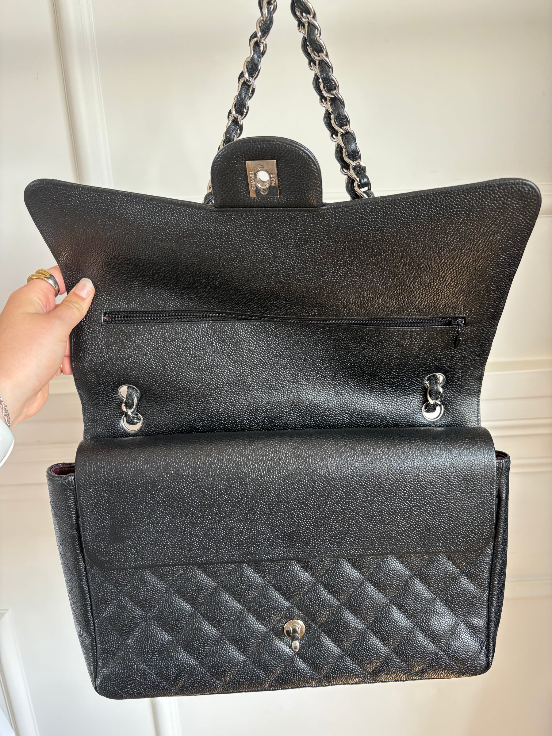 Chanel Caviar Leather Double Flap Maxi Bag Silver Hardware