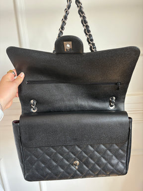 Chanel Caviar Leather Double Flap Maxi Bag Silver Hardware