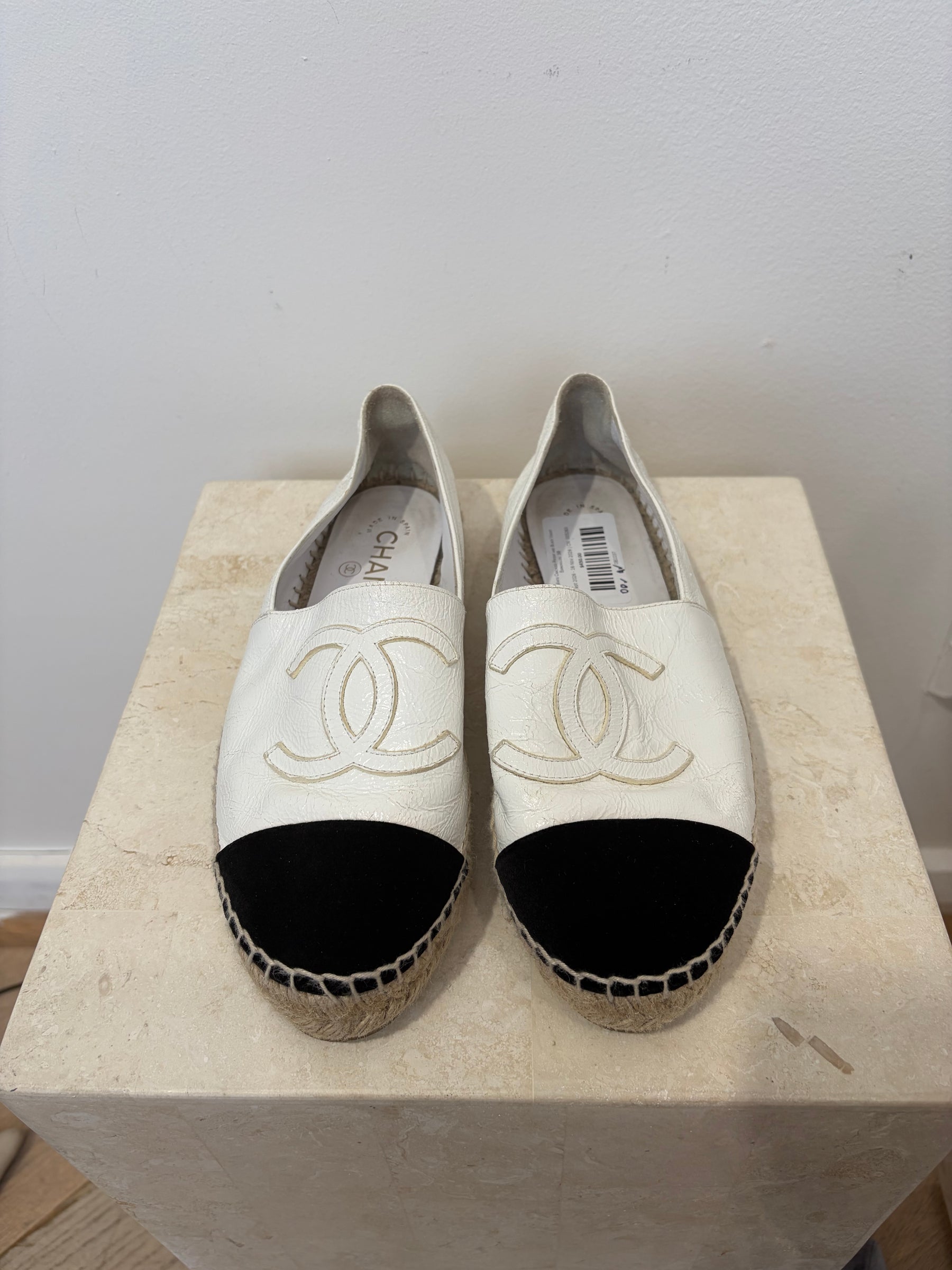 Chanel White Crackled Patent and Black Velvet Espadrilles, 38