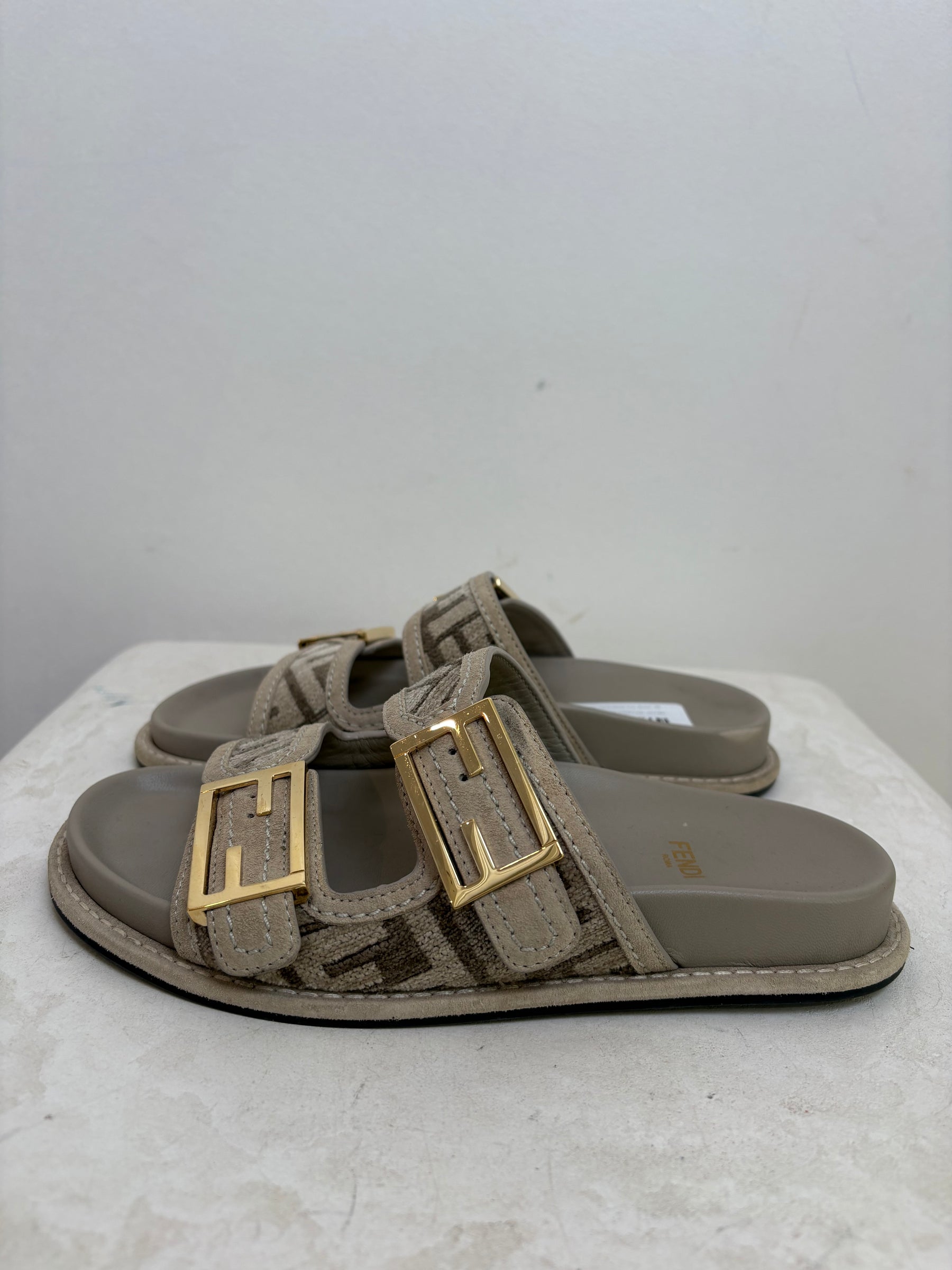 Fendi Beige and Taupe Velvet Feel Slides, 36