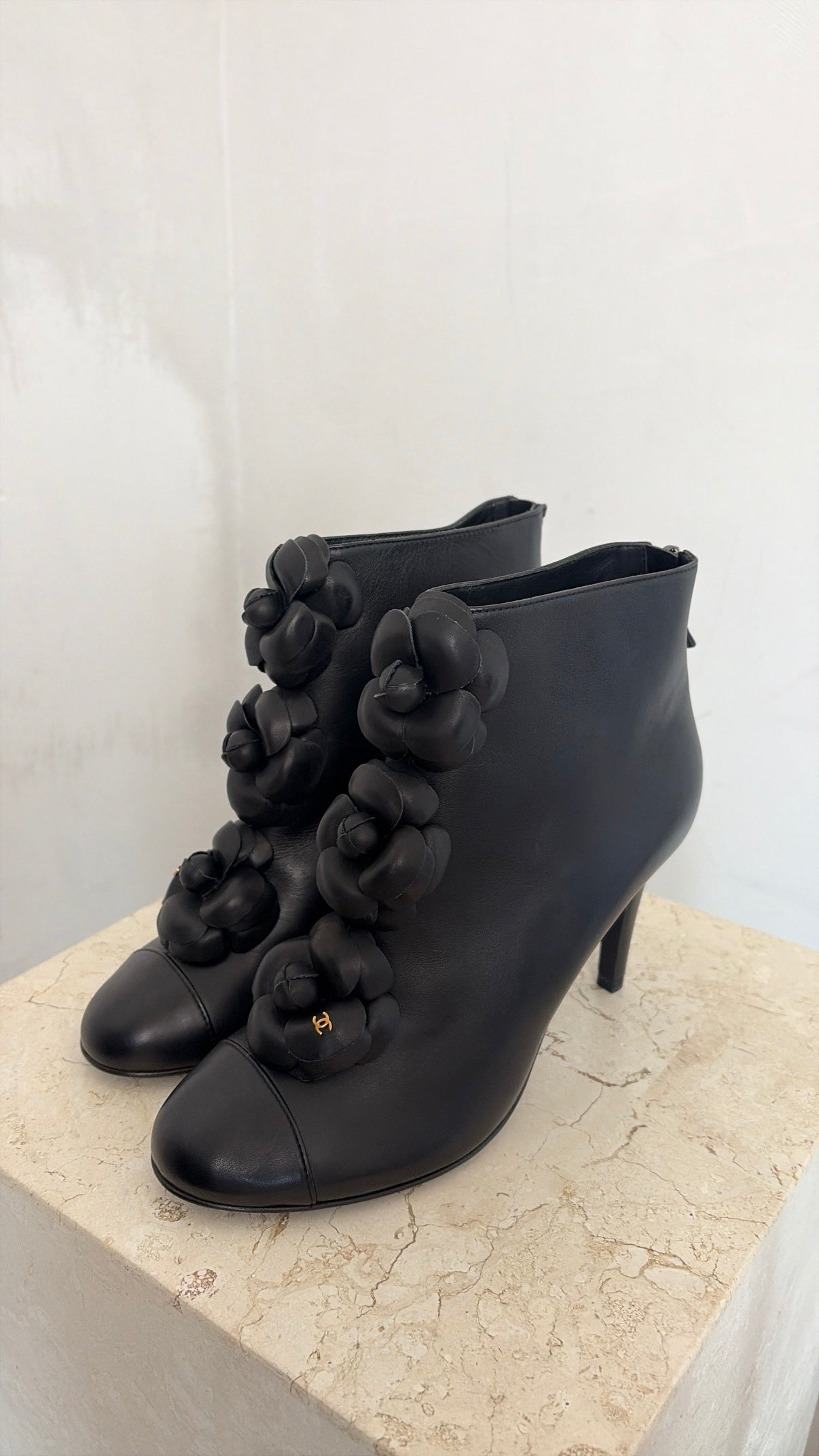 Chanel Camellia Flower Embellished Ankle Boots Black, 39