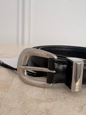 Celine Black Leather Silver Buckle Western Belt, 75