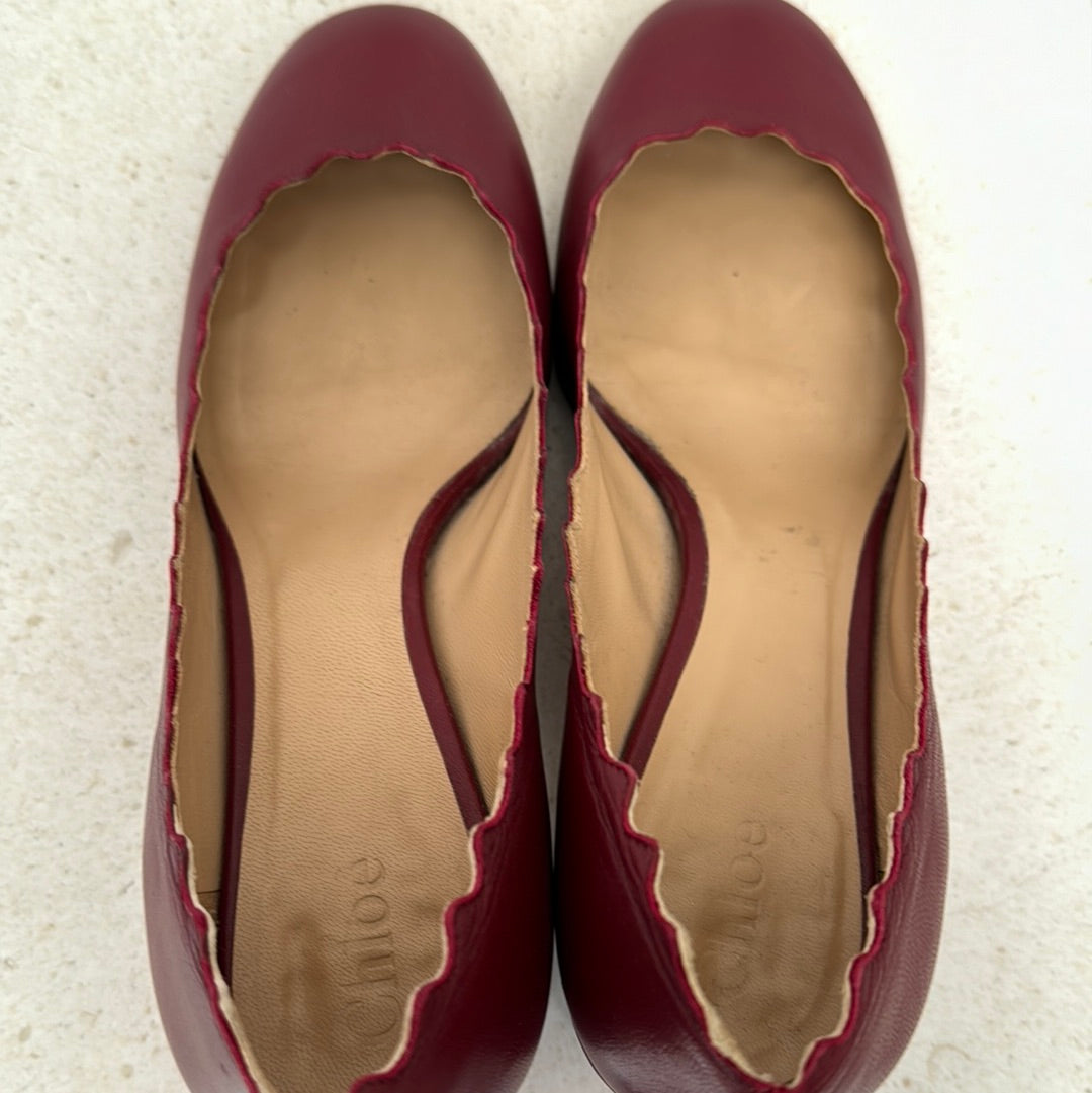 Chloe Burgundy Leather Scalloped Detail Block Heel, 36.5