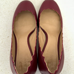 Chloe Burgundy Leather Scalloped Detail Block Heel, 36.5