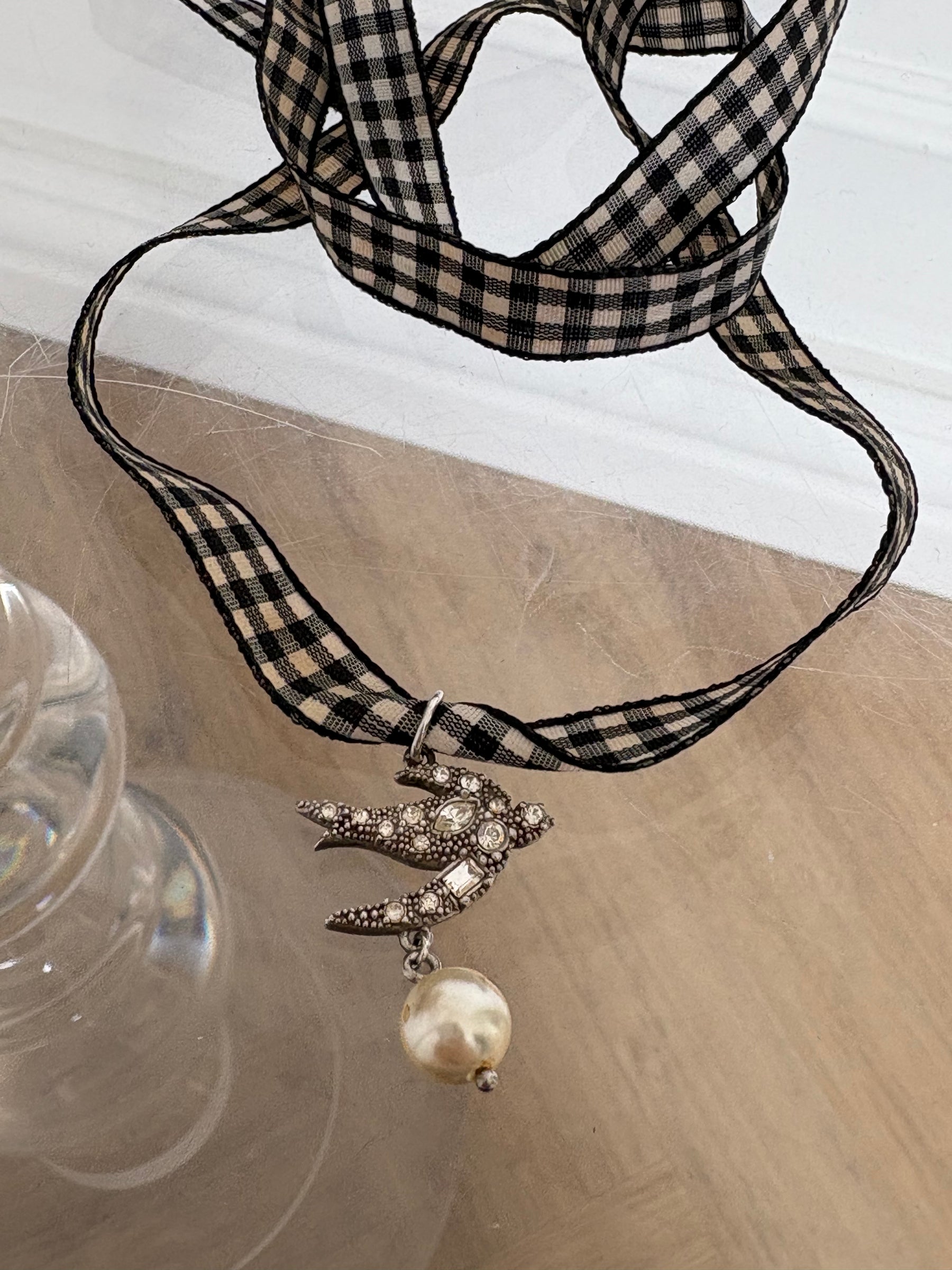 Miu Miu Silver Swallow Pearl Charm Bracelet With Gigham Ribbon