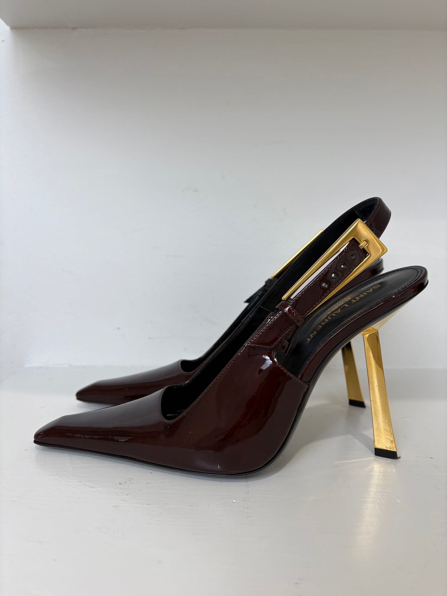 Saint Laurent Burgundy Patent Leather Pointed Slingback Pump, 38