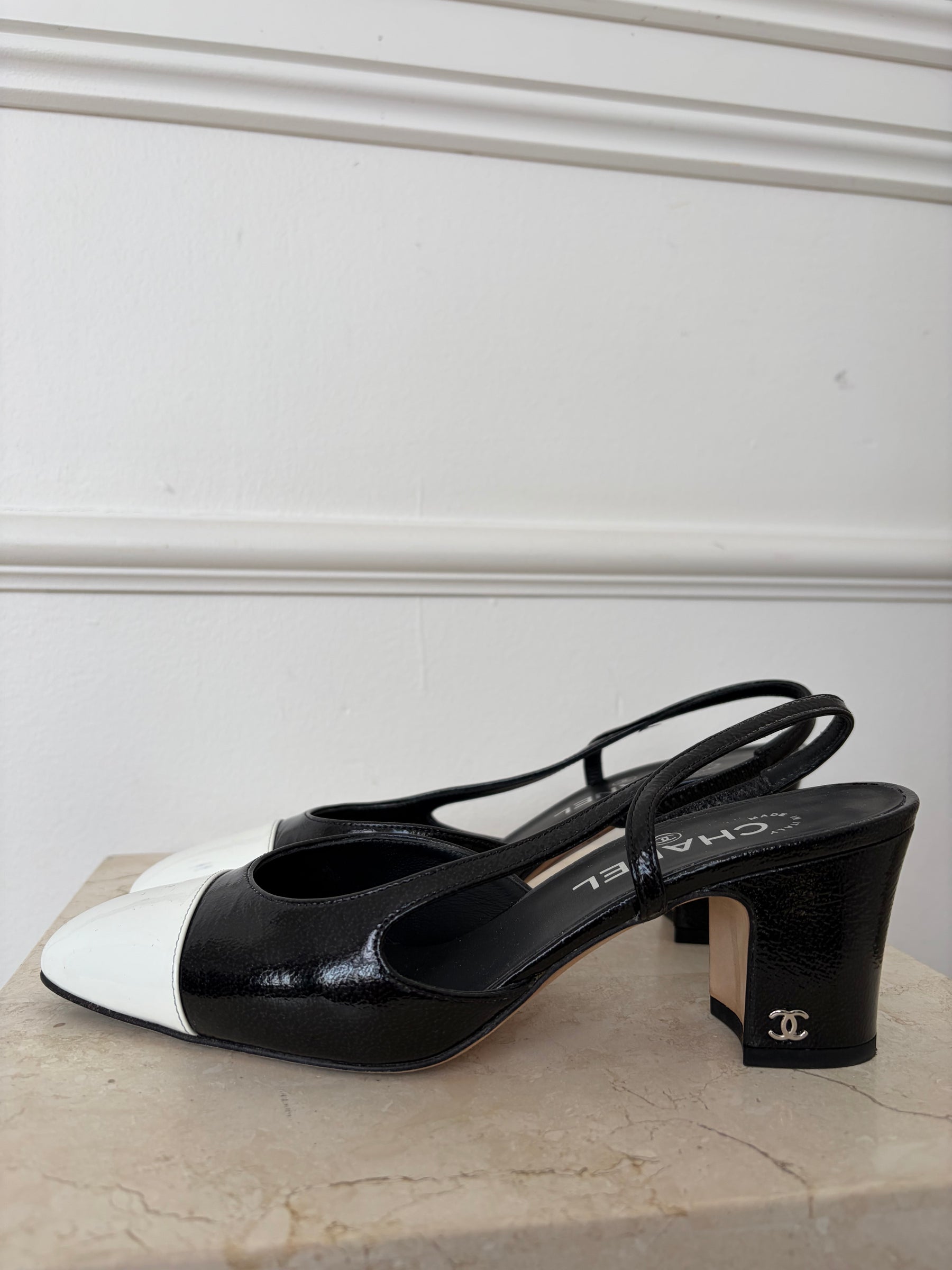 Chanel Black and White Patent Heeled Slingbacks, 38 C