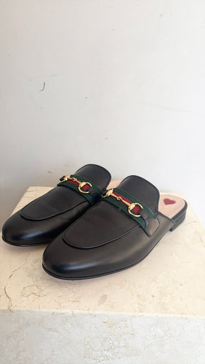 Gucci Black Leather Princeton Mule with Green and Red Detail, 39