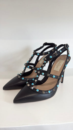 Valentino Rockstud Black Leather Cage Heels With Turquoise, 38
