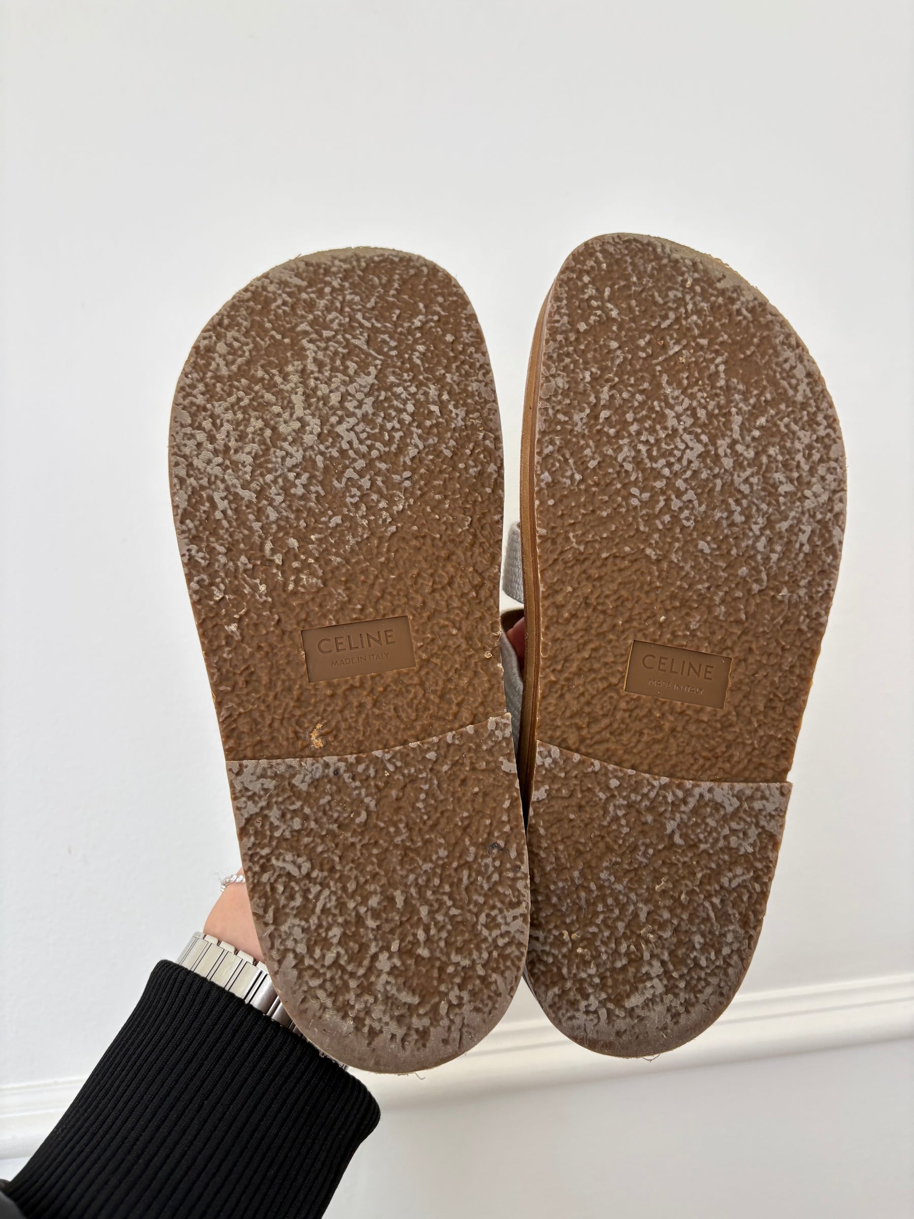 Celine Tan Leather and Cream Canvas Triomphe Tippi Slides