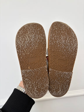 Celine Tan Leather and Cream Canvas Triomphe Tippi Slides