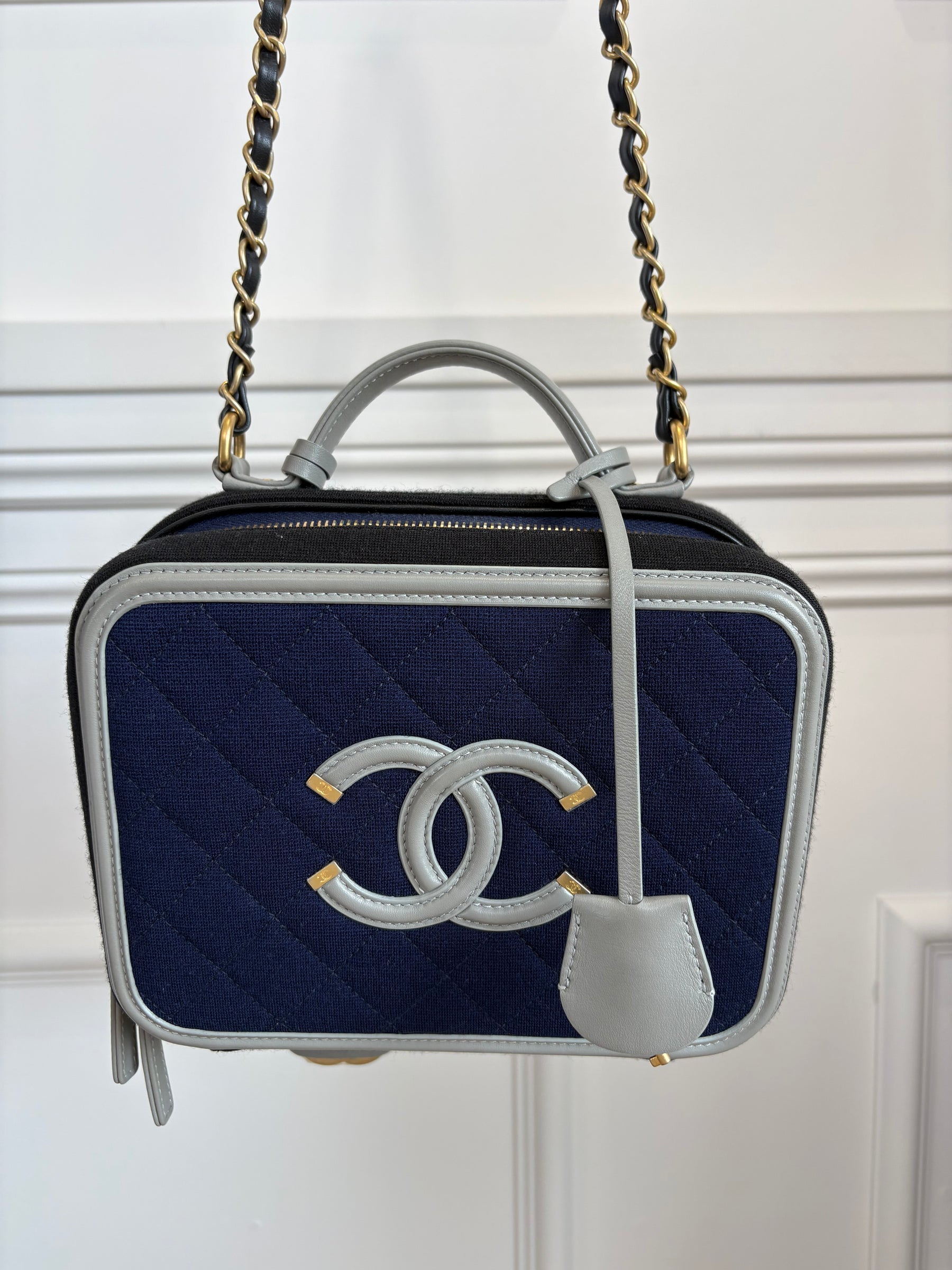 Chanel Black and Navy Jersey and Grey Leather Vanity Bag
