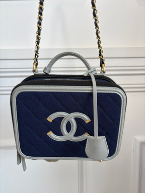 Chanel Black and Navy Jersey and Grey Leather Vanity Bag