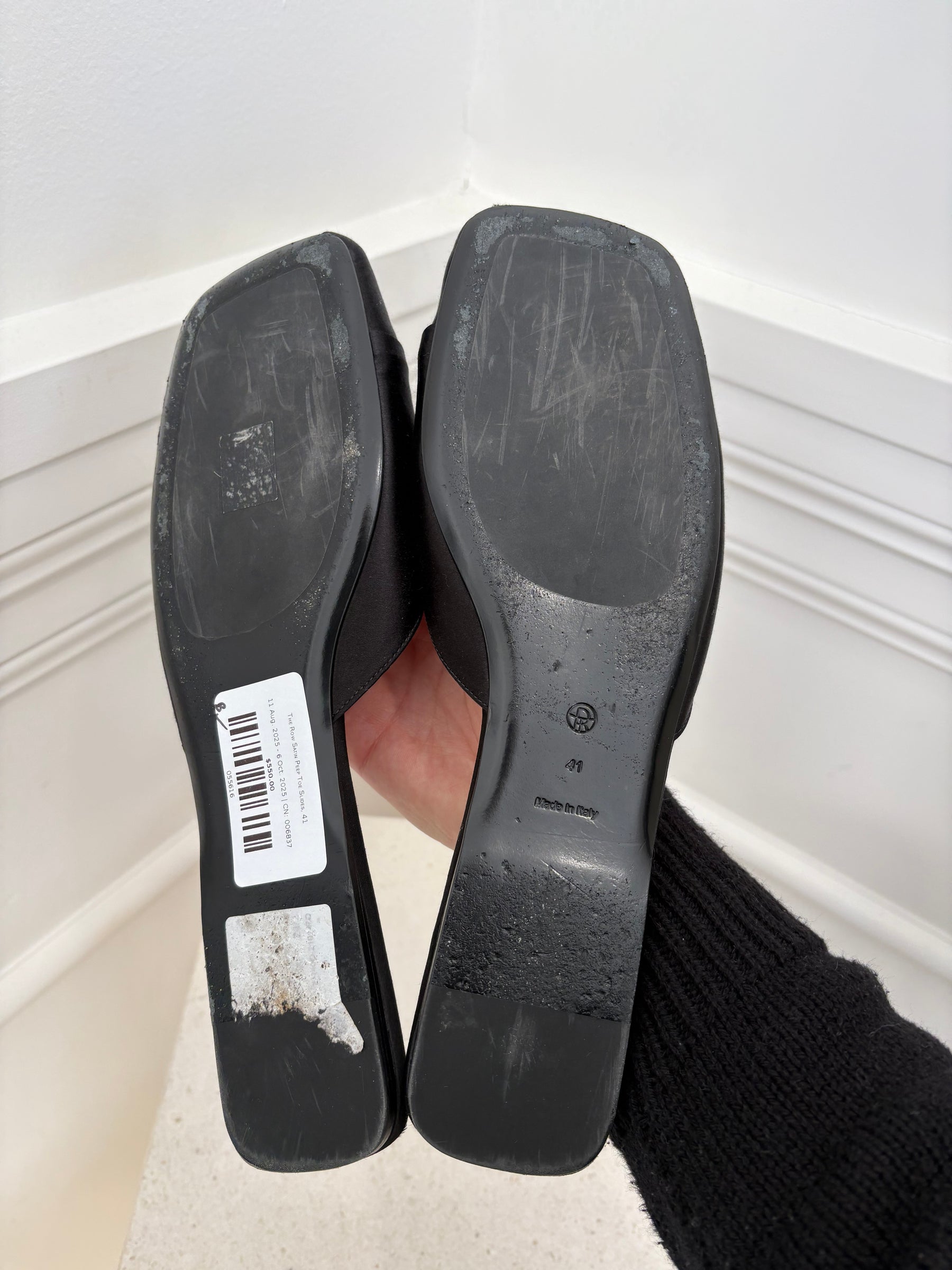 The Row Satin Peep Toe Slides, 41