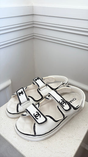 Chanel White and Black Sketch Print Dad Sandals, 37.5
