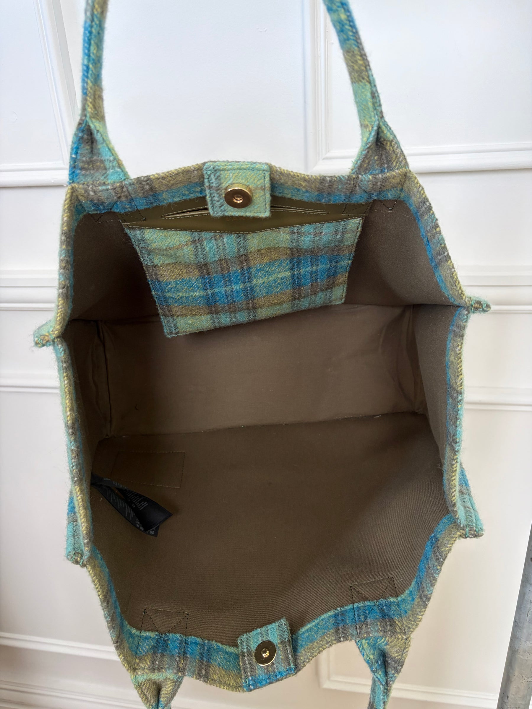Sandro Blue and Green Plaid Tote Bag