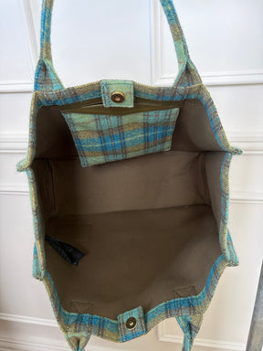 Sandro Blue and Green Plaid Tote Bag