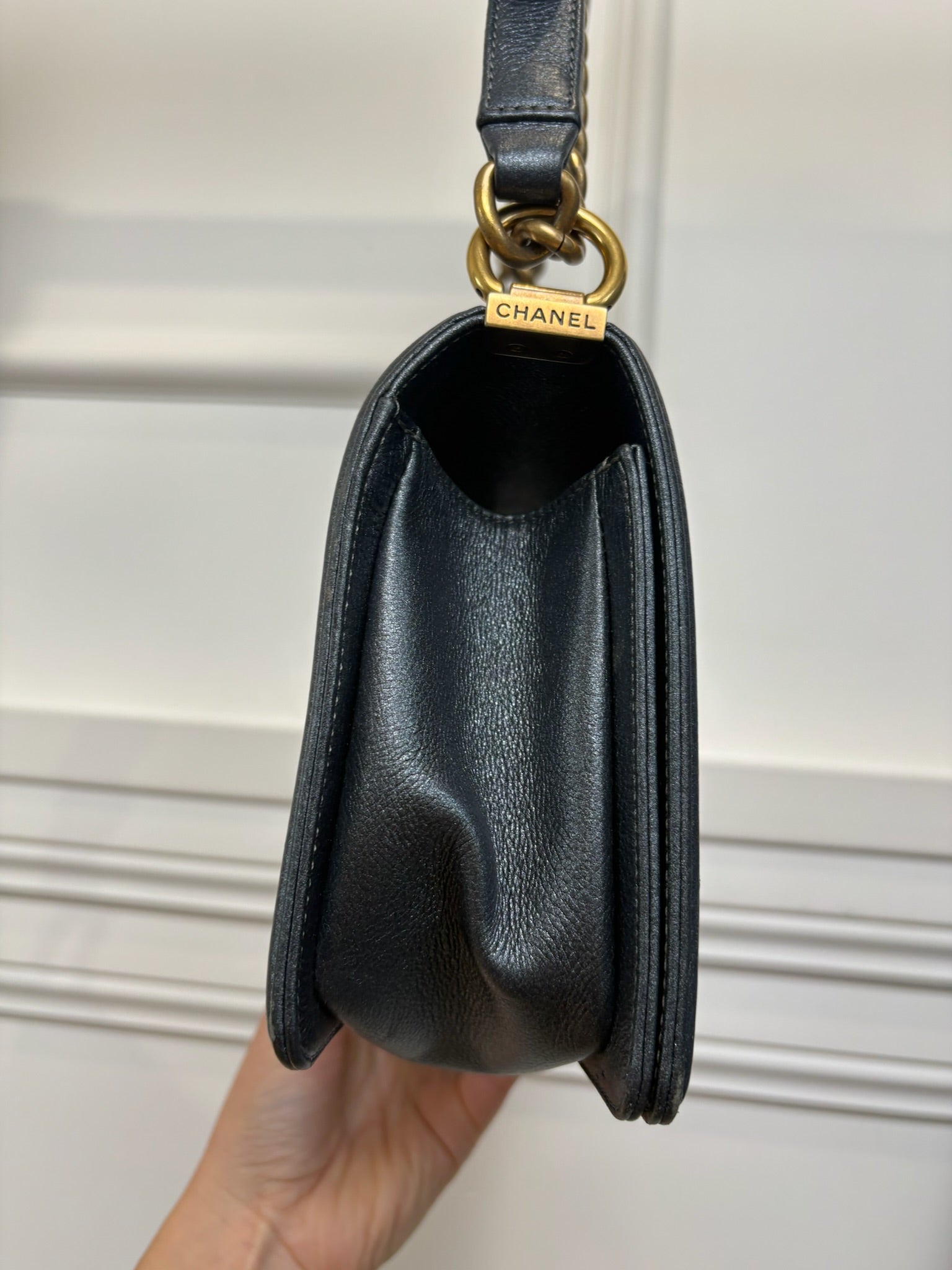Chanel Charcoal Metallic Leather Old Medium Boy Bag