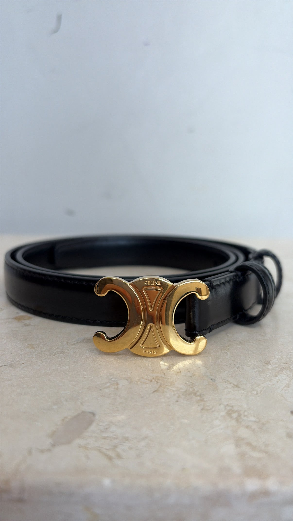 Celine Black Leather Triomphe Logo belt, 75