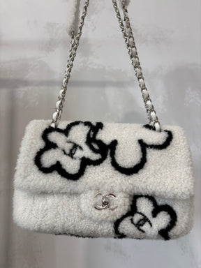 Chanel White and Black Floral Logo Medium Shearling Flap Bag